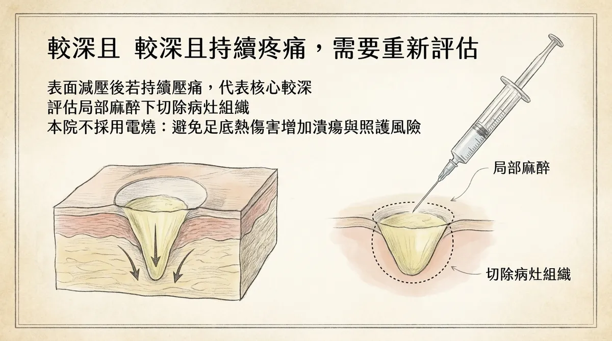 較深且持續疼痛需要重新評估:局部麻醉下切除病灶組織與本院不採用電燒理由說明圖