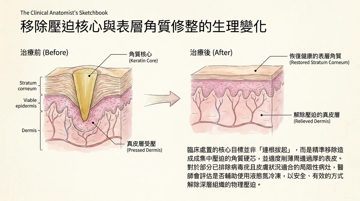 移除壓迫核心與表層角質修整的生理變化:治療前真皮層受壓 vs 治療後恢復健康角質解除壓迫圖解