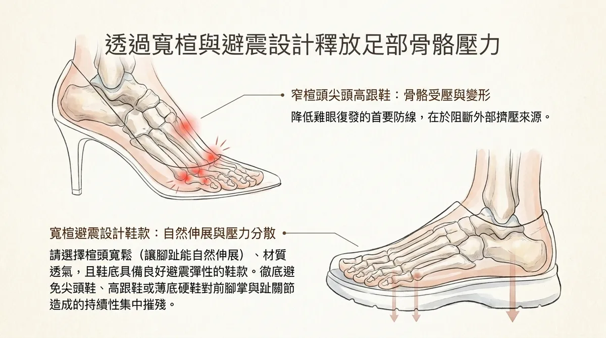 透過寬楦與避震設計釋放足部骨骼壓力:窄楦高跟鞋骨骼受壓 vs 寬楦避震鞋款自然伸展與壓力分散對照圖