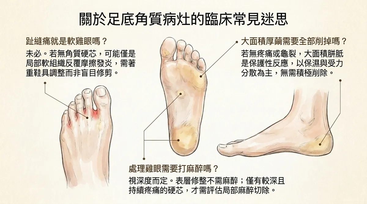 關於足底角質病灶的臨床常見迷思:趾縫痛、大面積厚繭與麻醉切除觀念說明圖
