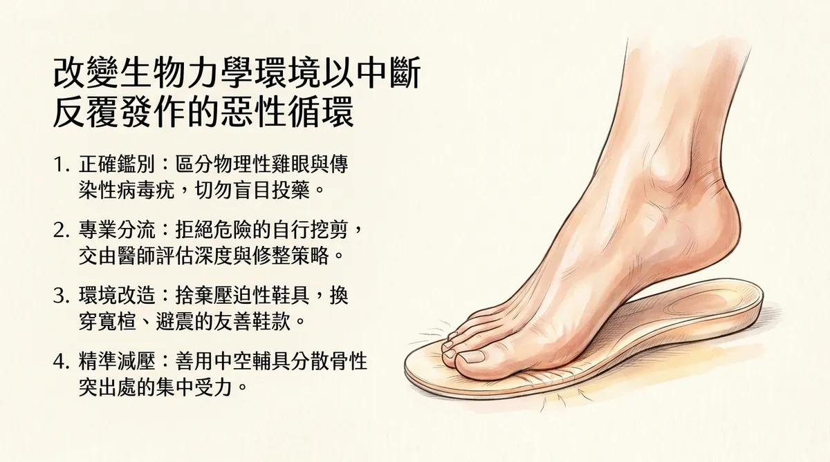 改變生物力學環境以中斷反覆發作的惡性循環:正確鑑別、專業分流、環境改造與精準減壓說明圖