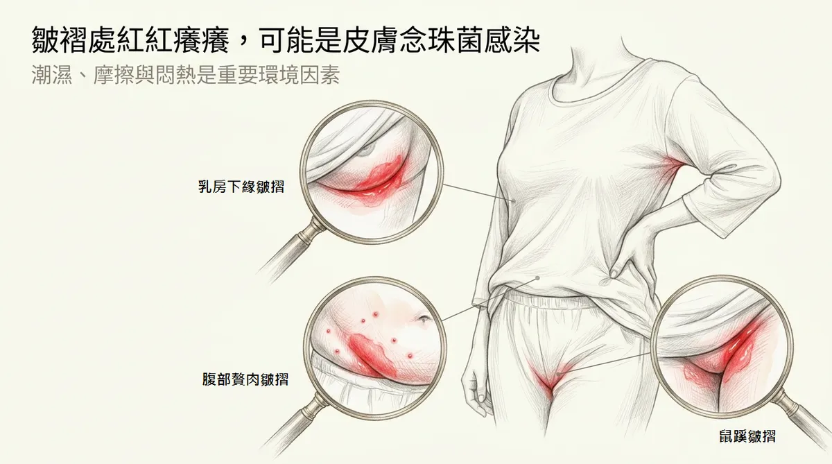 皺褶處紅紅癢癢,可能是皮膚念珠菌感染:潮濕、摩擦與悶熱重要環境因素示意圖