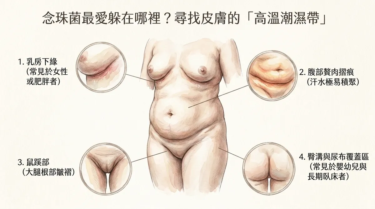 念珠菌最愛躲在哪裡?尋找皮膚的高溫潮濕帶:乳房下緣、腹部贅肉摺痕、鼠蹊部與臀溝尿布區圖解