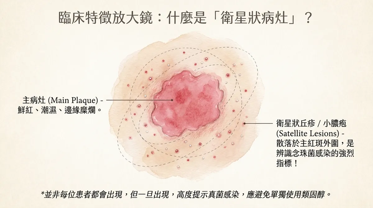 臨床特徵放大鏡:主病灶鮮紅潮濕邊緣糜爛與周圍衛星狀丘疹小膿疱特徵圖解