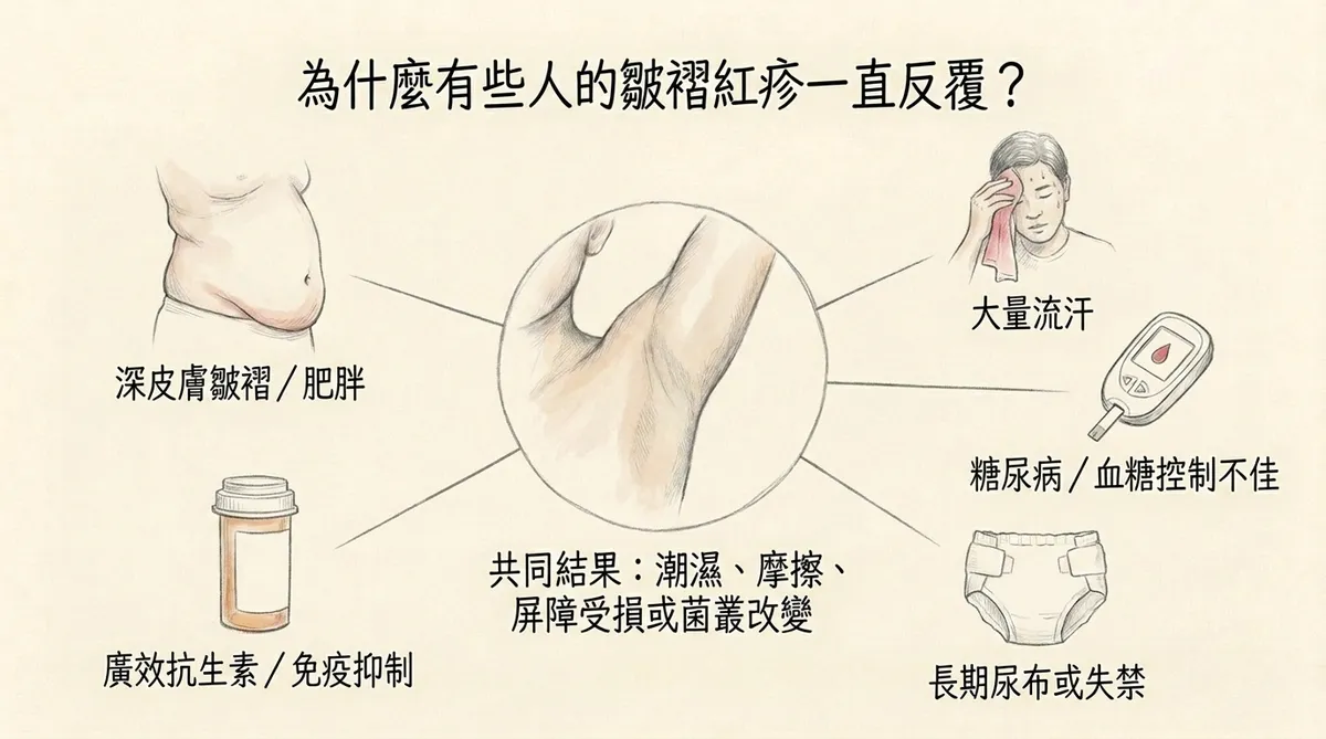 為什麼有些人的皺褶紅疹一直反覆?深皮膚皺褶、大量流汗、糖尿病、長期尿布與廣效抗生素危險因子圖解