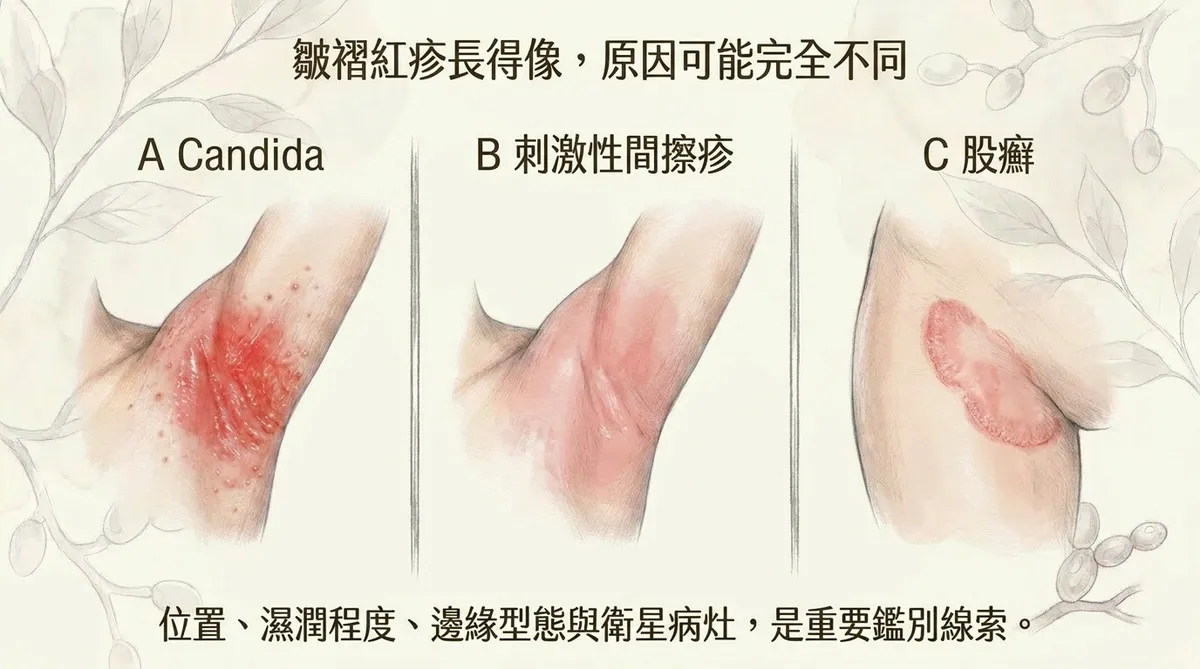 皺褶紅疹長得像,原因可能完全不同:念珠菌、刺激性間擦疹與股癬外觀型態鑑別對照圖