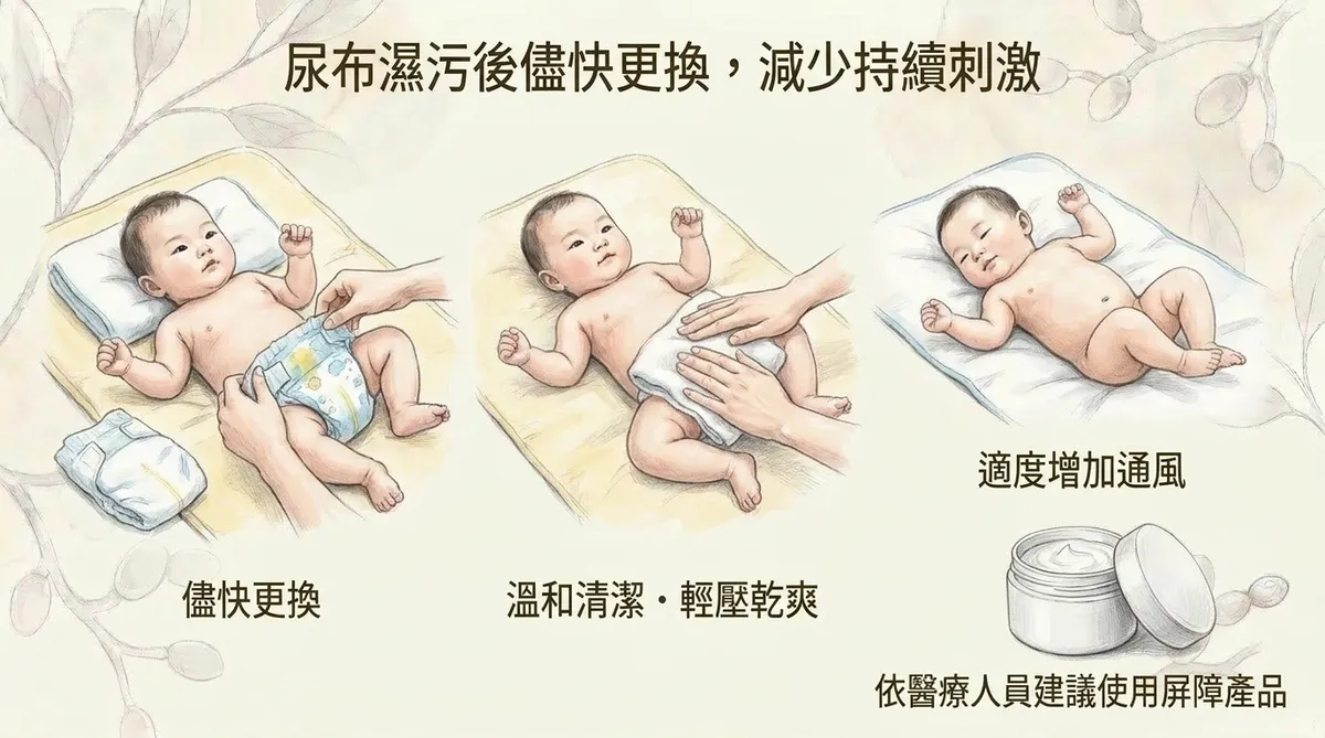 尿布濕污後儘快更換減少持續刺激:儘快更換、溫和清潔輕壓乾爽、適度增加通風與使用屏障產品圖解