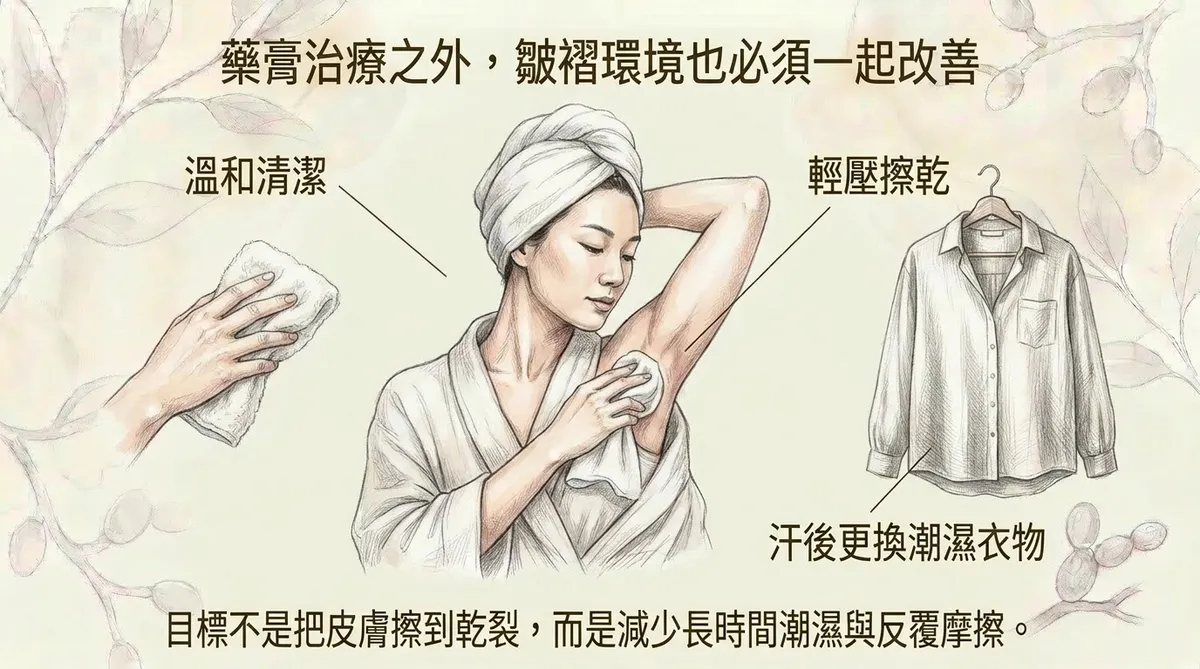 藥膏治療之外,皺褶環境也必須一起改善:溫和清潔、輕壓擦乾、汗後更換潮濕衣物日常照護圖解