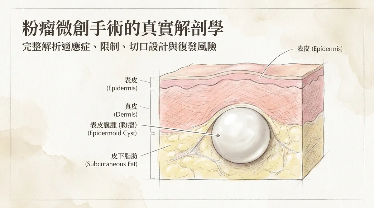 粉瘤微創手術解剖示意圖,呈現表皮、真皮、皮下脂肪與表皮囊腫的位置