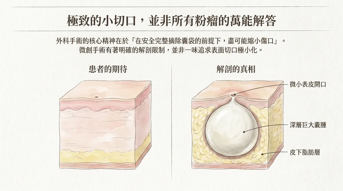 粉瘤小切口手術限制示意圖,說明表面開口很小但皮下囊腫可能體積較大