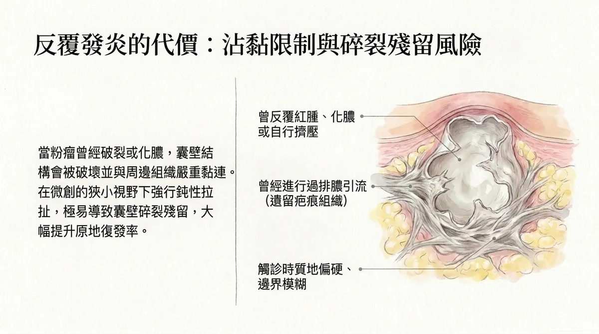 反覆發炎粉瘤的囊壁破裂、纖維化沾黏與小切口手術限制示意圖