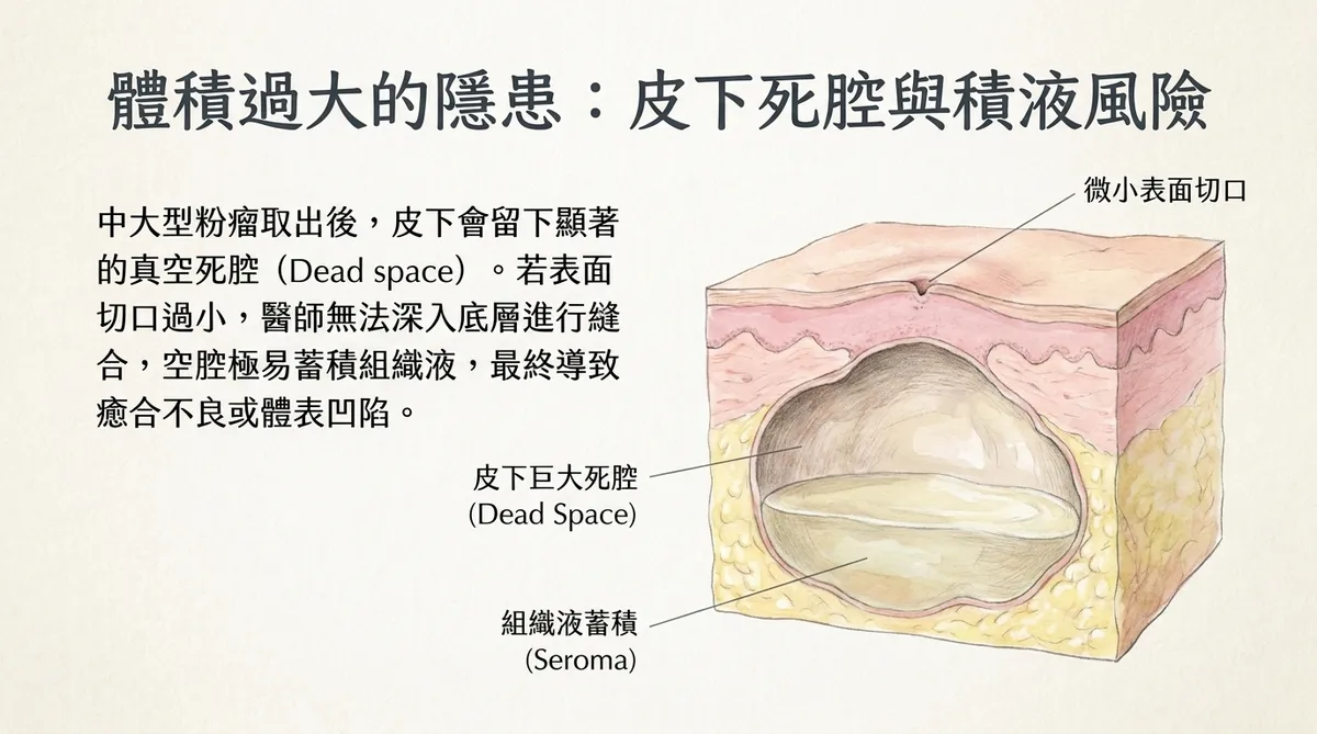 大型粉瘤切除後皮下死腔與血清腫積液風險示意圖
