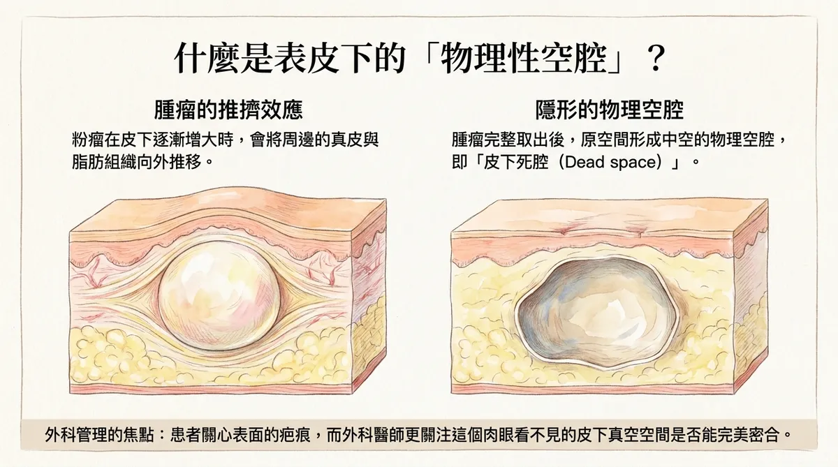 粉瘤切除前後皮下空間變化示意圖，說明病灶移除後形成物理性死腔