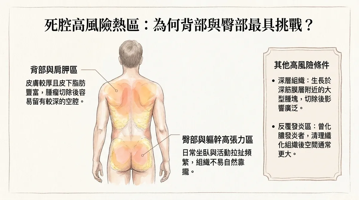 粉瘤切除後死腔高風險部位示意圖，呈現背部肩胛、臀部、高張力及深層病灶