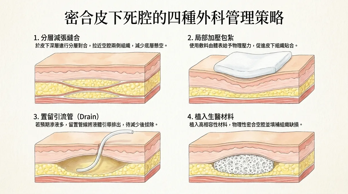 粉瘤切除後皮下死腔管理示意圖，比較分層縫合、加壓包紮、引流與生醫材料