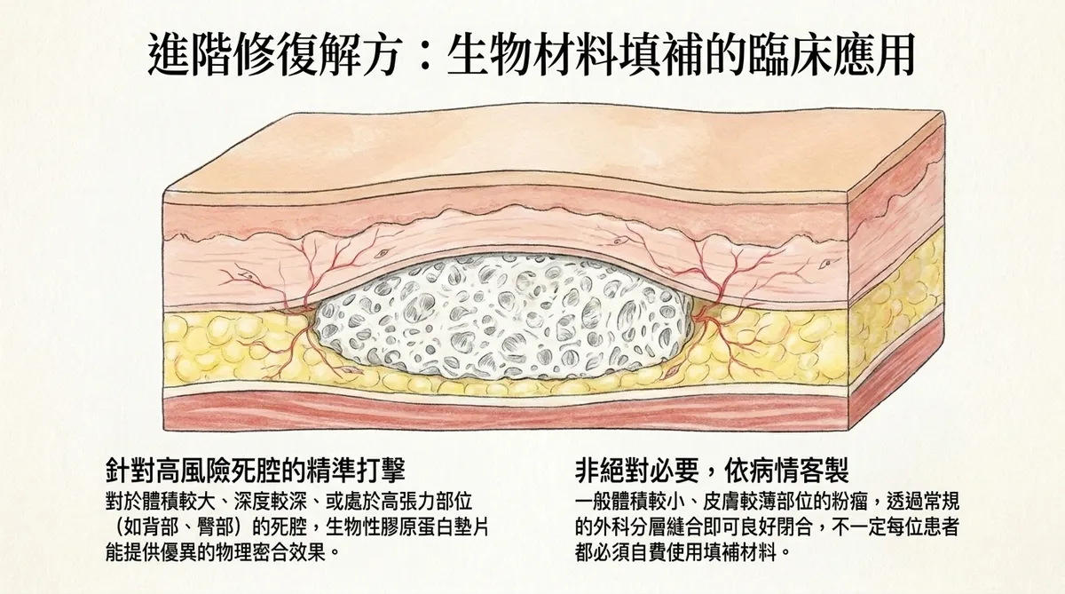 大型或高風險皮下死腔使用生物材料填補的臨床應用示意圖