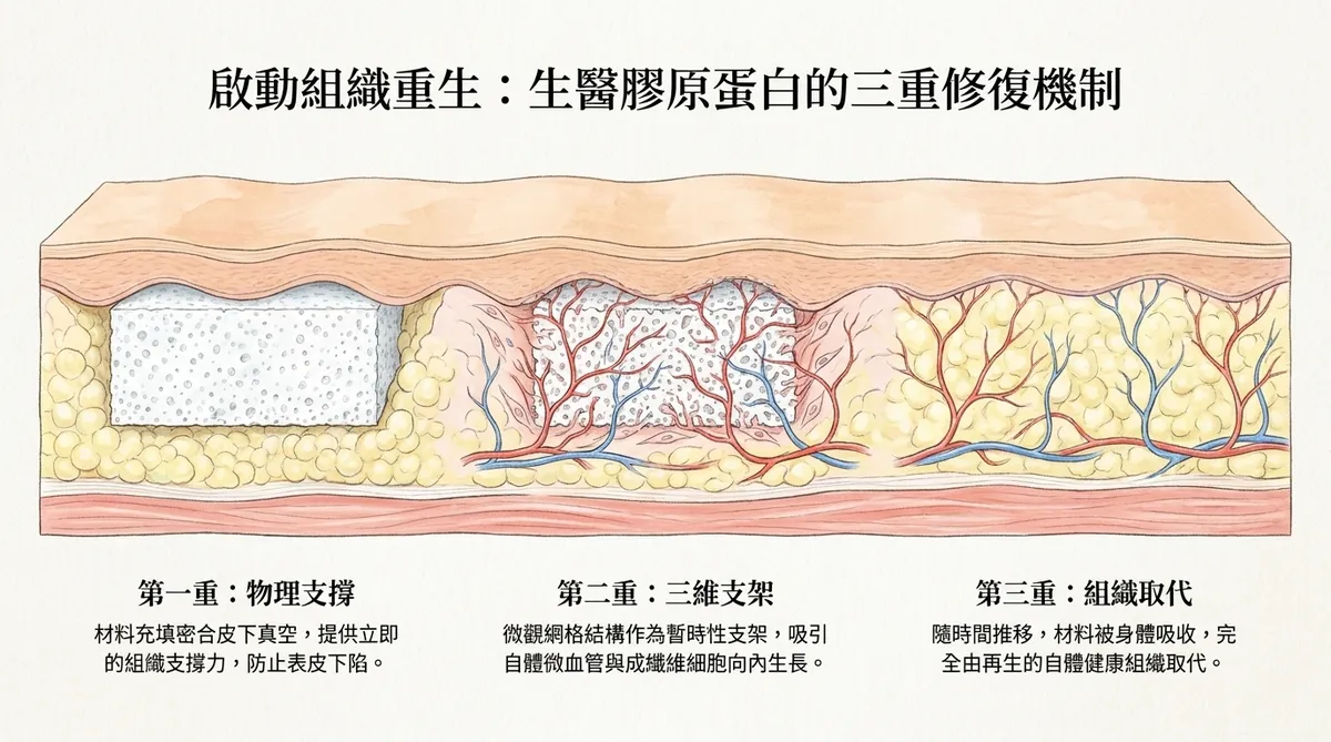 生醫膠原蛋白填補皮下死腔的三重修復機制，呈現物理支撐、三維支架與組織取代