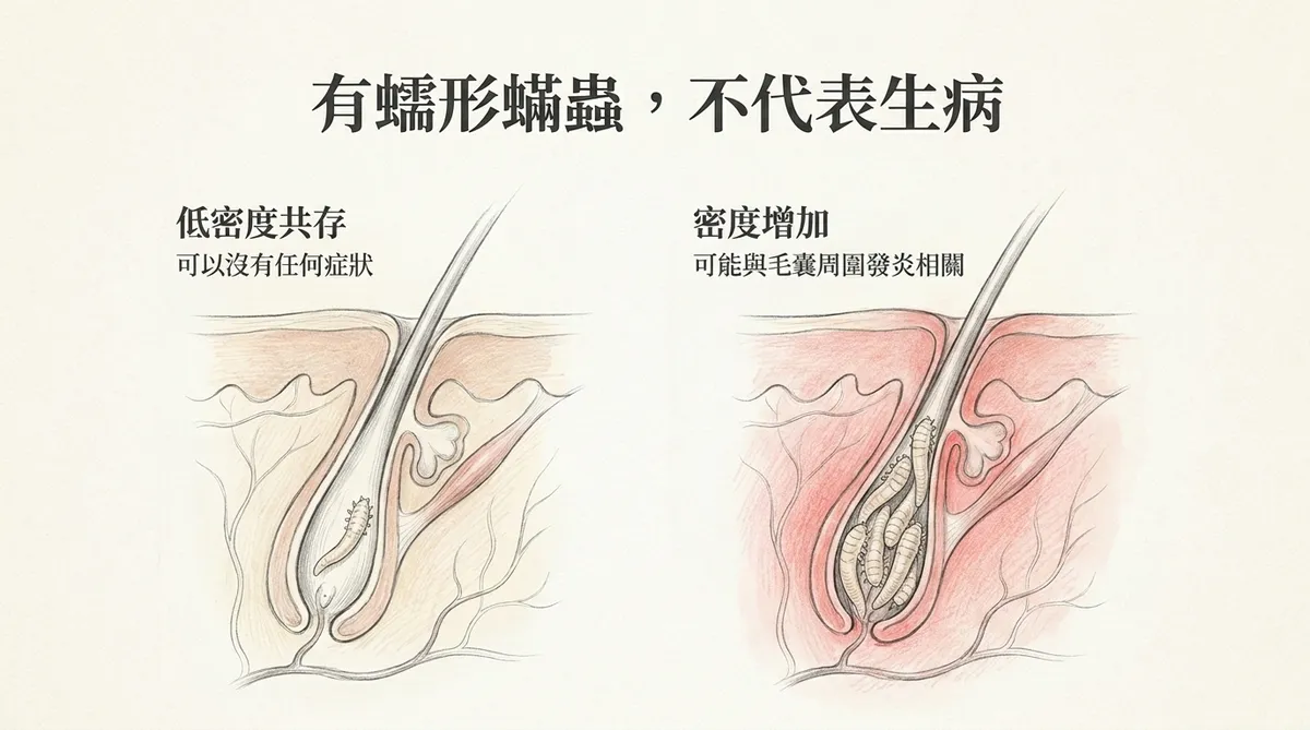 蠕形蟎蟲棲息位置示意:Demodex主要存在於臉部毛囊與皮脂腺相關結構