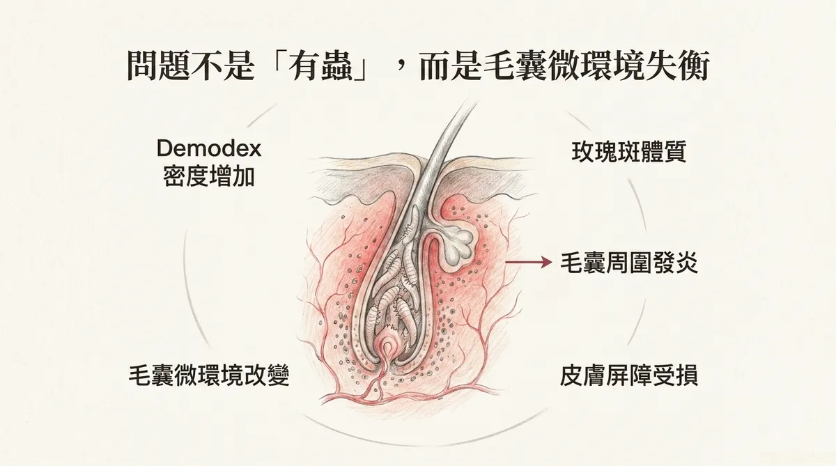 蠕形蟎蟲密度與症狀示意:低密度可與皮膚共存,密度增加時可能與毛囊周圍發炎相關