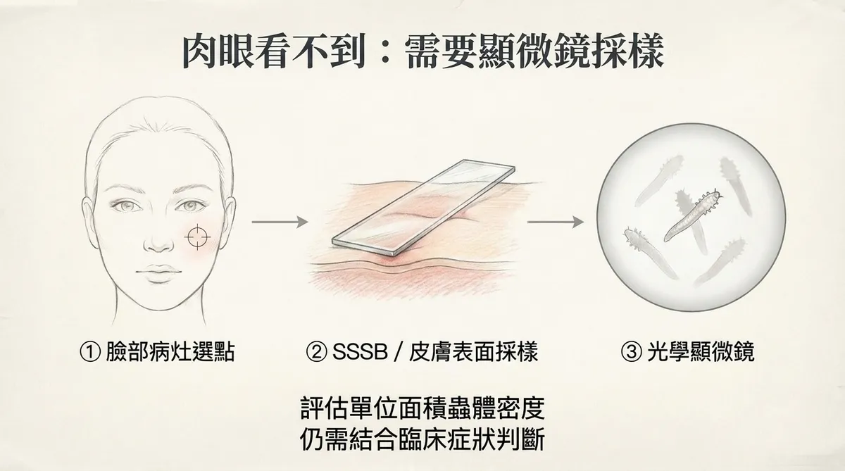 玫瑰斑與蠕形蟎蟲發炎機轉示意:蟎蟲密度增加、毛囊微環境改變與皮膚屏障受損可能共同參與毛囊周圍發炎