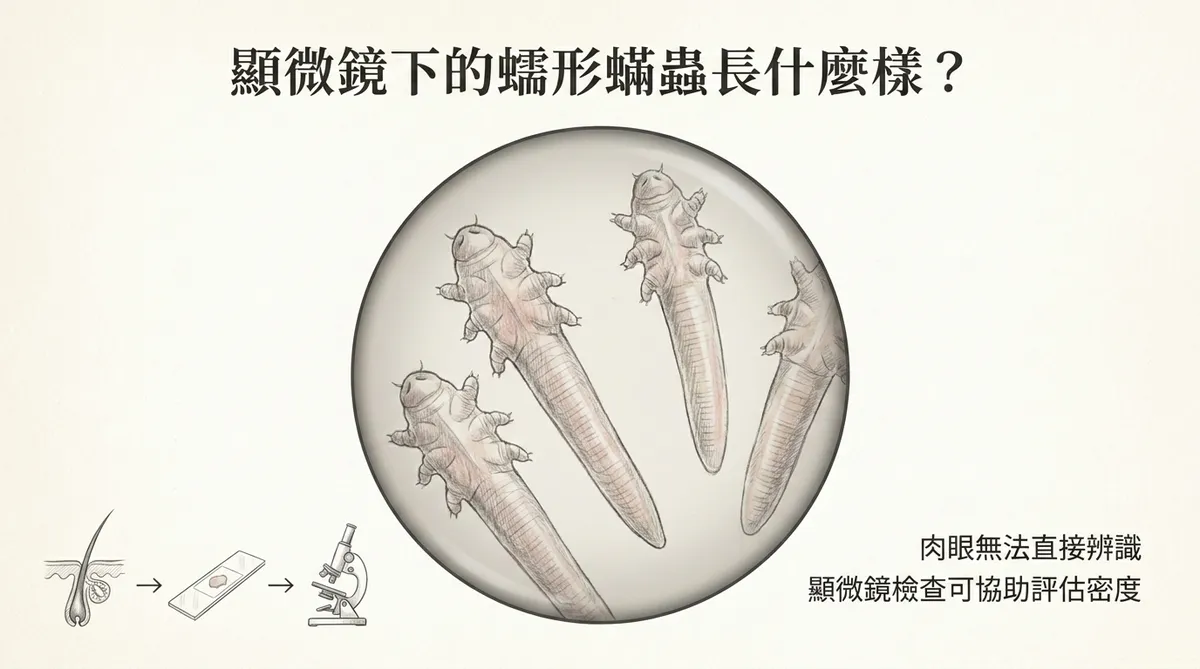 蠕形蟎蟲SSSB顯微鏡檢查流程:由臉部病灶選點、皮膚表面採樣至光學顯微鏡評估單位面積蟲體密度