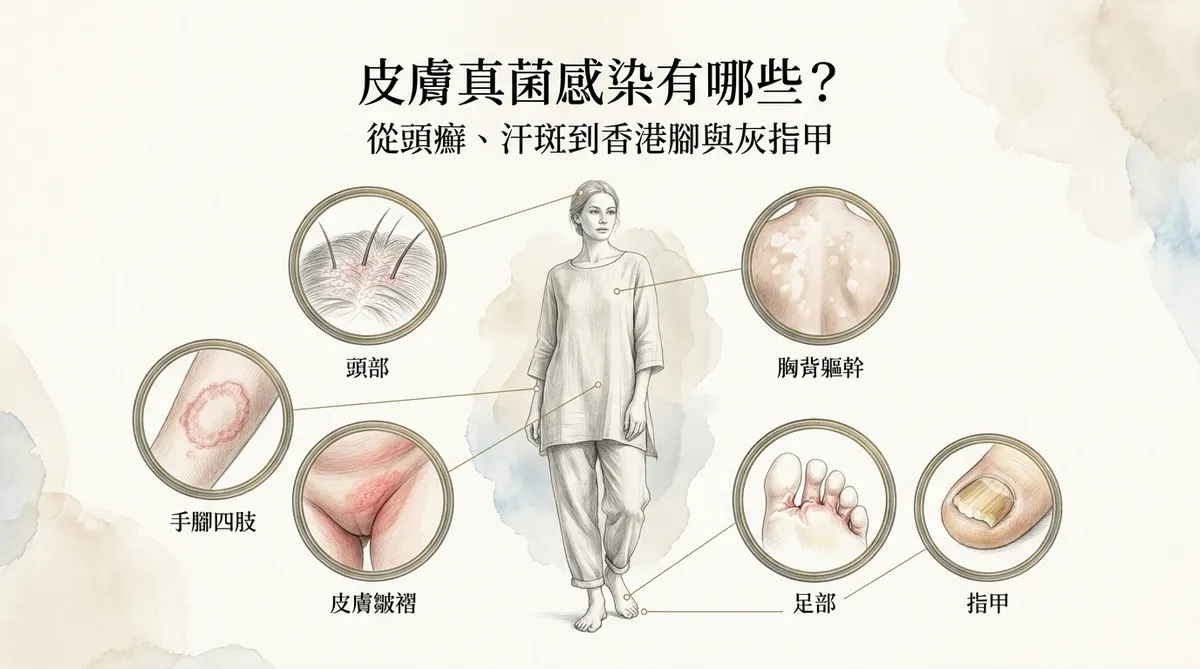 皮膚真菌感染有哪些?從頭癬、汗斑到香港腳與灰指甲全身分佈導覽圖