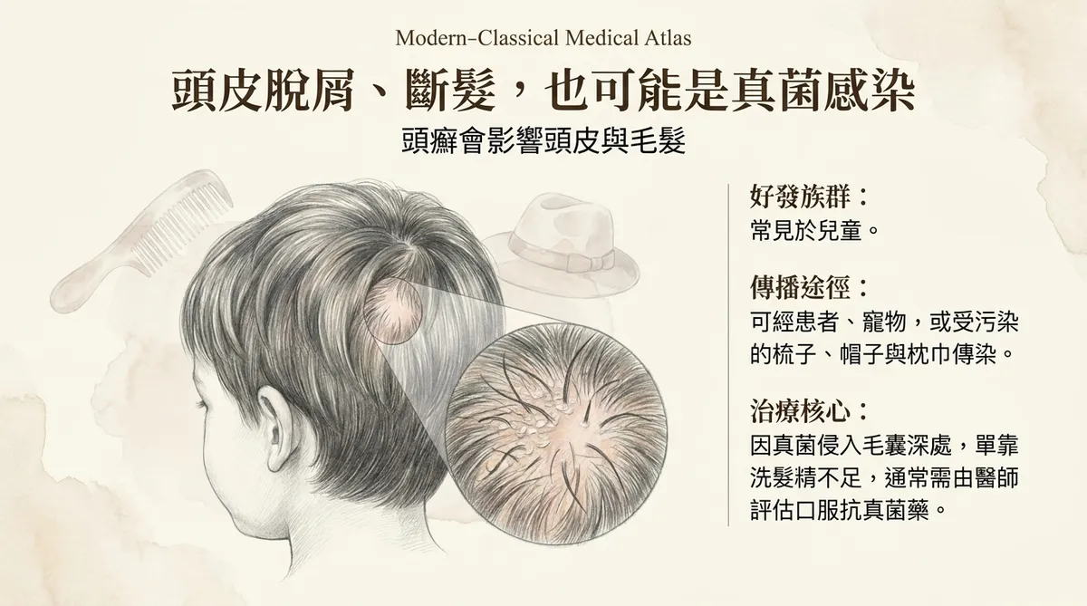 頭皮脫屑、斷髮,也可能是真菌感染:頭癬好發族群、傳播途徑與口服藥治療核心示意圖