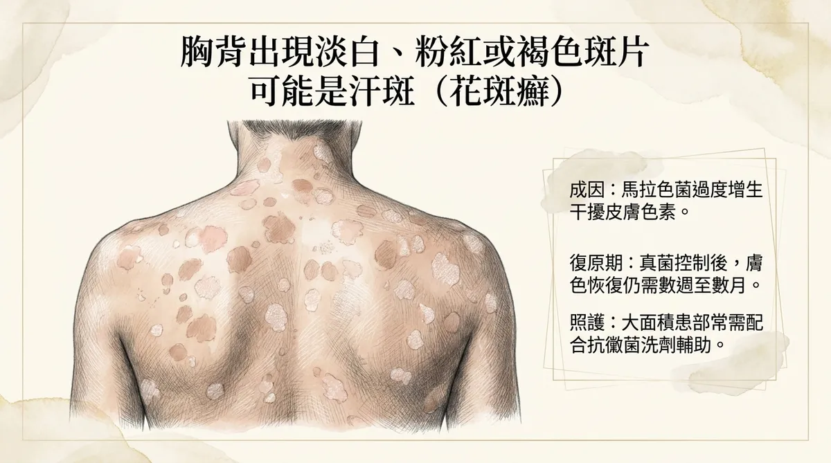 胸背出現淡白、粉紅或褐色斑片可能是汗斑(花斑癬):成因、復原期與洗劑照護說明圖