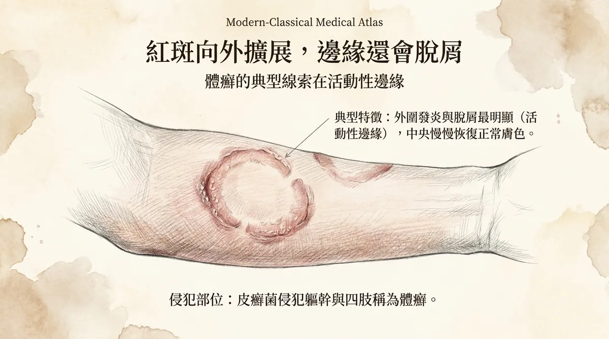 紅斑向外擴展,邊緣還會脫屑:體癬典型線索在活動性邊緣示意圖