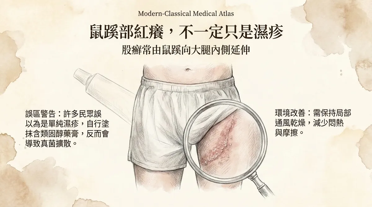 鼠蹊部紅癢,不一定只是濕疹:股癬常由鼠蹊向大腿內側延伸,誤塗類固醇警示圖