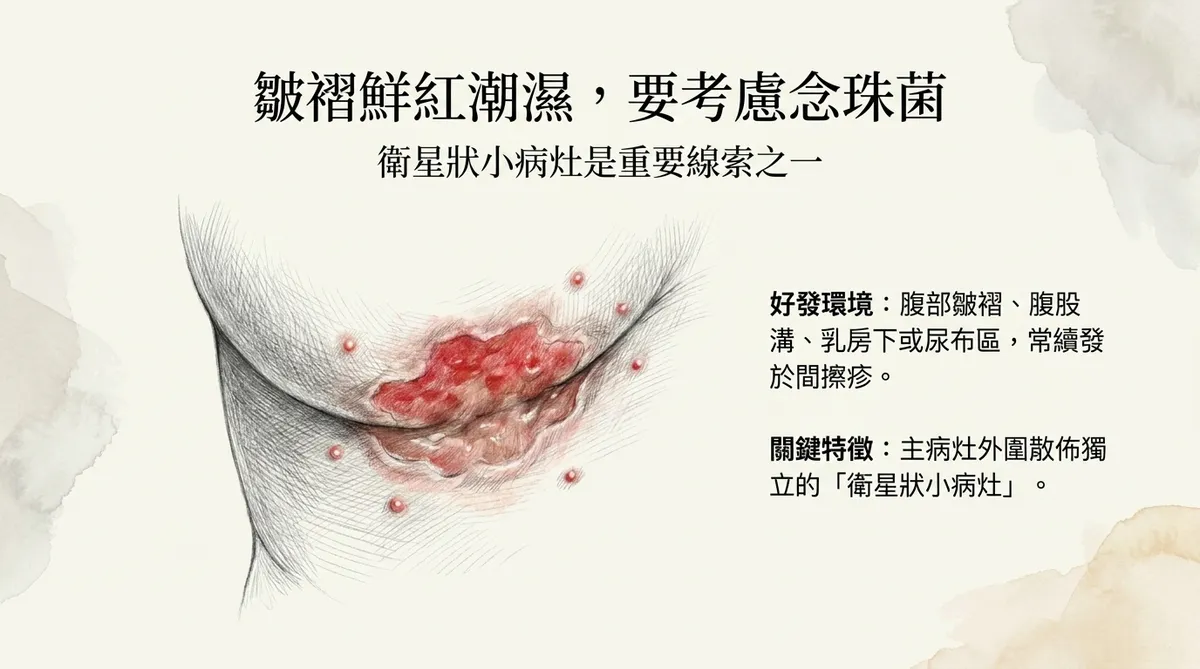 皺褶鮮紅潮濕,要考慮念珠菌:好發環境與衛星狀小病灶關鍵特徵圖解