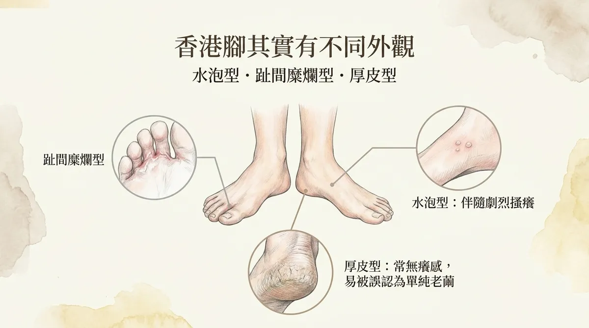 香港腳其實有不同外觀:水泡型、趾間糜爛型與厚皮型症狀特徵圖解
