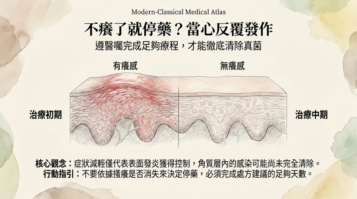 不癢了就停藥?當心反覆發作:治療初期有癢感 vs 治療中期無癢感之角質層真菌清除示意圖