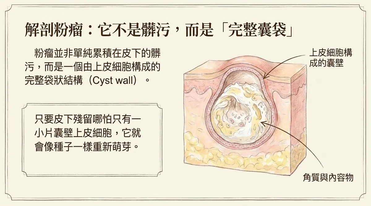 表皮囊腫粉瘤解剖示意圖，呈現完整囊壁與囊腔內角質內容物