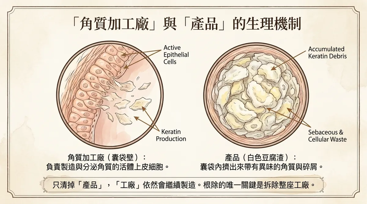 粉瘤囊壁持續產生角質的生理機制示意圖，說明只清除內容物仍可能再次形成囊腫