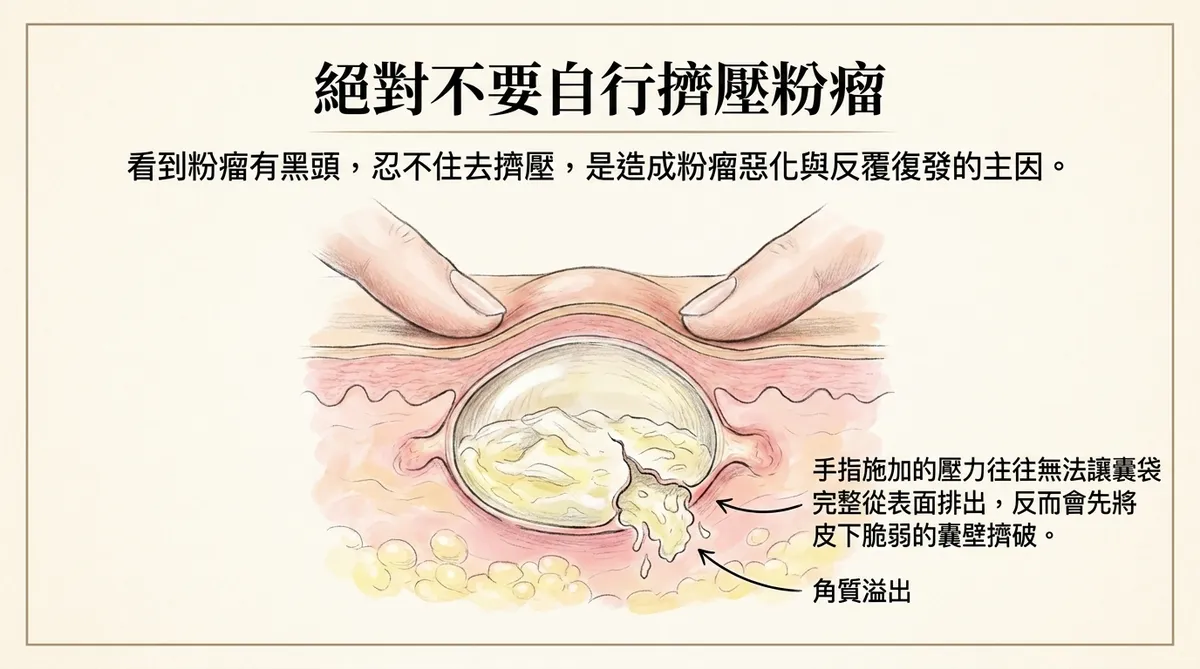 自行擠壓粉瘤造成囊壁破裂與角質外漏示意圖