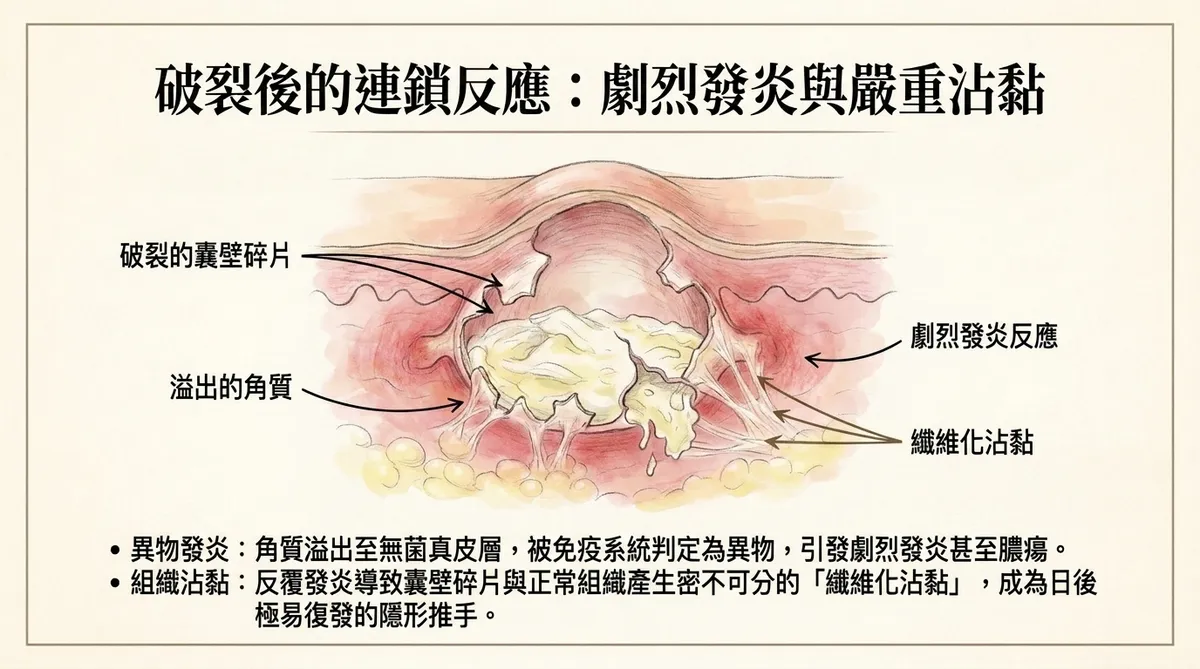 粉瘤囊壁破裂後角質外漏、發炎與纖維化黏連示意圖
