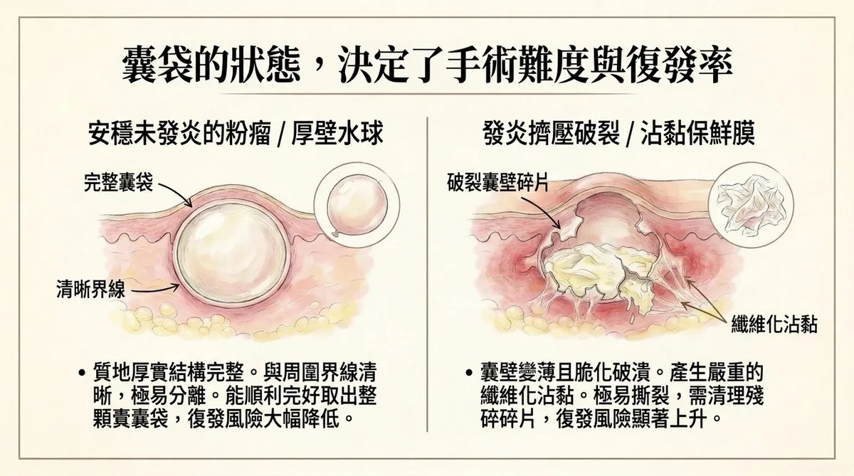 未發炎完整粉瘤與發炎破裂粉瘤比較，說明囊壁狀態對手術難度與復發風險的影響