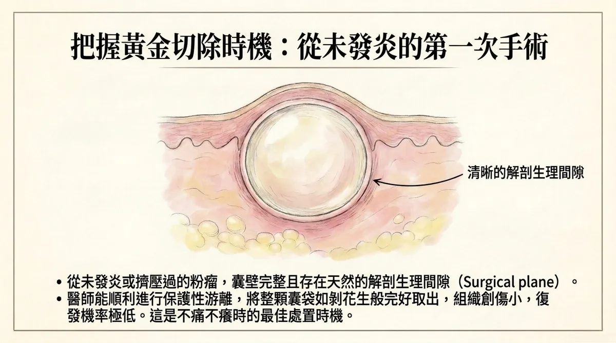 未發炎粉瘤完整囊壁與清晰手術剝離層次示意圖