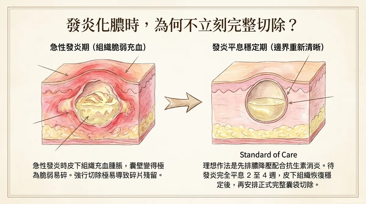 急性發炎粉瘤與發炎平息後穩定期比較，說明完整切除時機