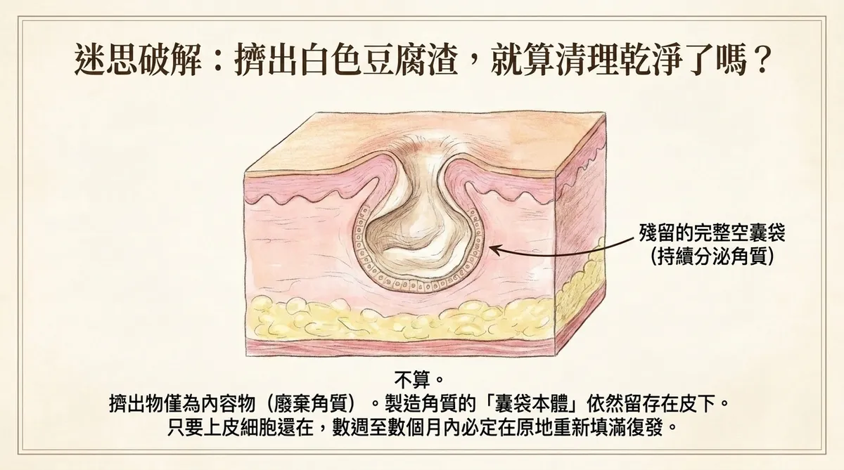 粉瘤擠出白色角質內容物後囊壁仍殘留的示意圖