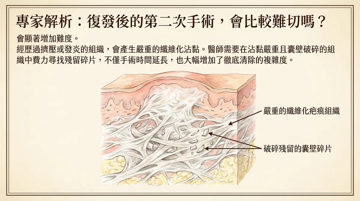 復發粉瘤再次手術示意圖，呈現纖維化黏連與破碎殘留囊壁