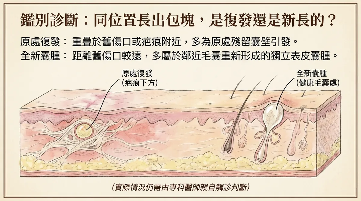 粉瘤原處復發與鄰近新生表皮囊腫的鑑別示意圖