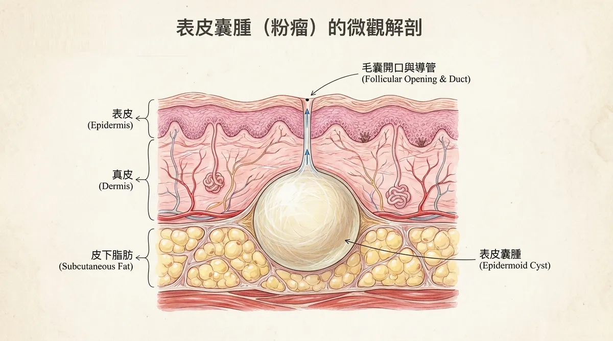 表皮囊腫粉瘤微觀解剖示意圖，呈現表皮、真皮、皮下脂肪、囊腫與毛囊開口