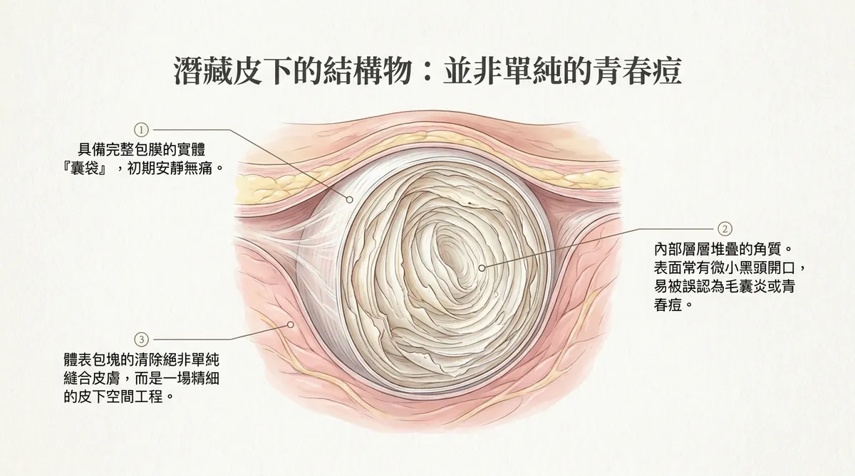 表皮囊腫粉瘤囊袋剖面示意圖，呈現完整囊壁、中央開口與層層堆積的角質內容物