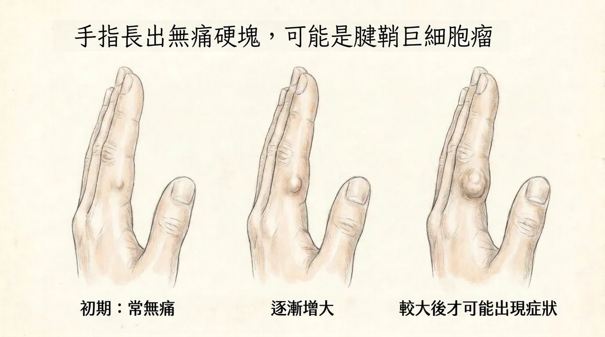 手指長出無痛硬塊可能是腱鞘巨細胞瘤:初期常無痛、逐漸增大到較大後出現症狀病程示意圖