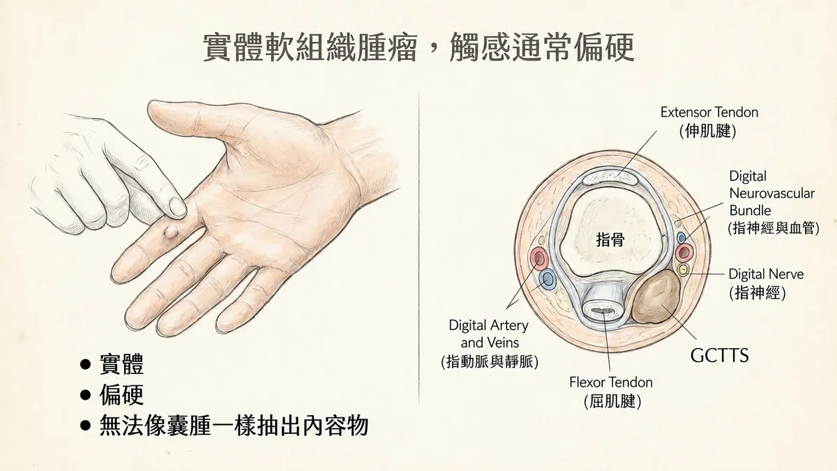 實體軟組織腫瘤觸感通常偏硬:GCTTS位於屈肌腱旁與指神經血管束解剖橫切面圖