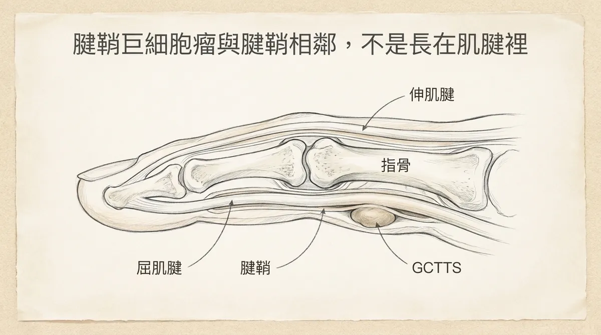 腱鞘巨細胞瘤與腱鞘相鄰不是長在肌腱裡:手指側面伸肌腱、指骨、屈肌腱與GCTTS解剖關係圖