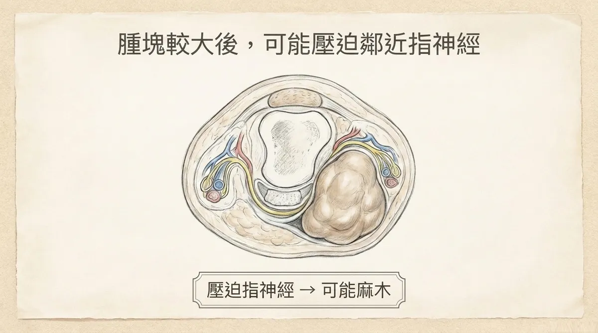 腫塊較大後可能壓迫鄰近指神經引發麻木:手指橫切面神經血管受壓圖解