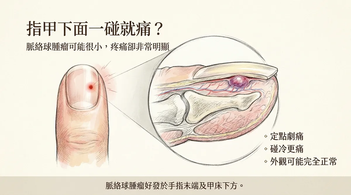 指甲下面一碰就痛?脈絡球腫瘤可能很小疼痛卻非常明顯:定點劇痛、碰冷更痛、外觀可能完全正常圖解